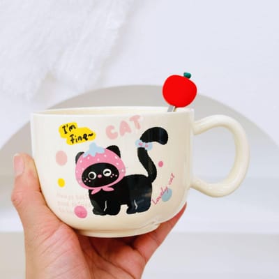 Tasse à petit-déjeuner chat dessin animé créatif Tasse en céramique avec couvercle Tasse bouilloire Ensemble ménager Mug Petite tasse cadeau 350ML