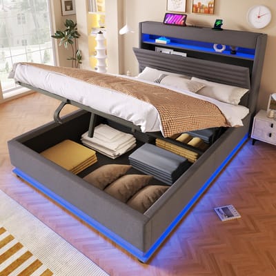 HAUSS SPOLE Gestoffeerd Bed 140x200 cm - Zonder Matras Met USB En Type C, LED En Opbergruimte - Linnen - Grijs