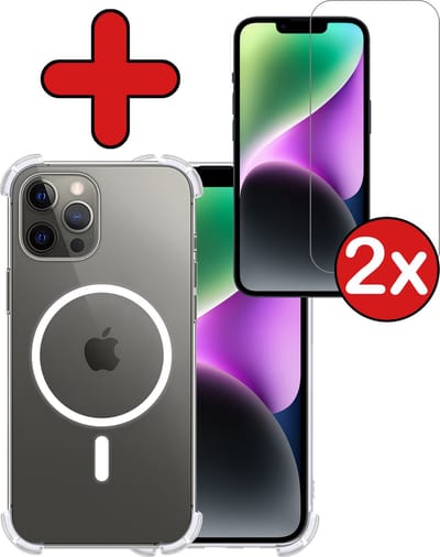 Hoesje - Met 2x Screenprotector - Geschikt voor Apple iPhone 14 Pro - Magsafe Compatible - Sterk & Shockproof - Shock Proof Case - Back Cover - Telefoon Hoes - Telefoonhoes - Transparant
