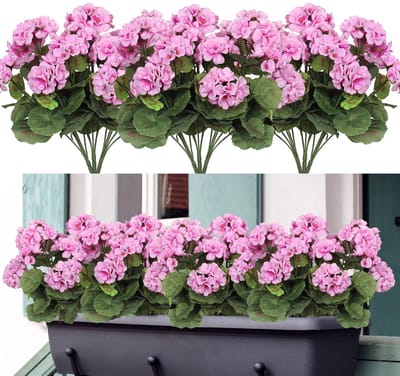 Kunstbloemen, 3 bundels voor buiten en binnen, namaakgeranium, zijden bloemen, decoratie, kunstbloemen, uv-bestendig, geraniumstruik voor hangende tuin, veranda, raam, box, decoratie,