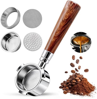 Dailygoods- Portafilter 51mm - Bodemloze Zeefdrager - Roestvrij Staal - Dubbel Schot-Filtermand - Inclusief Puck Screen - Houten Handvat - Koffiezetapparaat