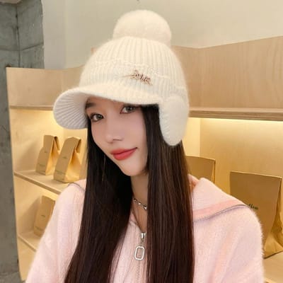 Chapeau en laine tricoté pour femme Automne et Hiver Style Coréen Polyvalent Épaissi Protection contre le Froid Protection des Oreilles Chapeau Chaud d'Hiver Casquette Pelucheuse à Visière de Canard average size brown