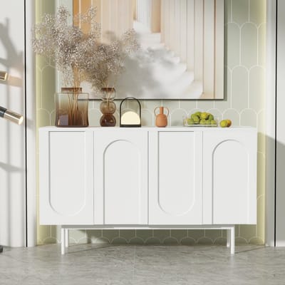 Sweiko Opslagkast, Modern Minimalistisch puur wit bestekkast, 4-deurs gewelfd patroon, geschikt voor eet- en woonkamers (Wit)