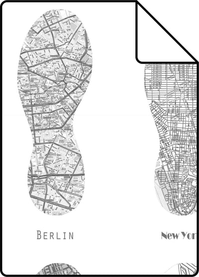 Proefstaal ESTAhome behang stadskaarten in vorm van schoenzolen zwart op wit - 26.5 x 21 cm - 128818-S