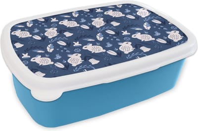 Broodtrommel Blauw - Lunchbox - Brooddoos - Konijnen - Scandinavië - Patronen - 18x12x6 cm - Kinderen - Jongen