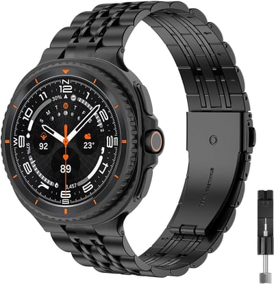 Stravo 7-rij schakels metalen bandje – Geschikt voor Samsung Galaxy Watch 9 (40/44mm) / Watch 8 (40/44mm) / 8 Classic (46mm) – Premium RVS horlogeband voor Samsung smartwatches – inclusief inkortset (Zwart)