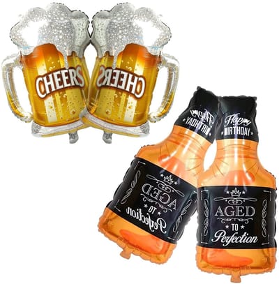 Dailygoods- Champagneballonnen 4 stuks - Wijnglasballon "Cheers" 70cm - Folieballon "Happy Birthday" 89cm - Decoratie - Verjaardag/Jubileum - Lichtgewicht en makkelijk op te blazen - Feestballonnen