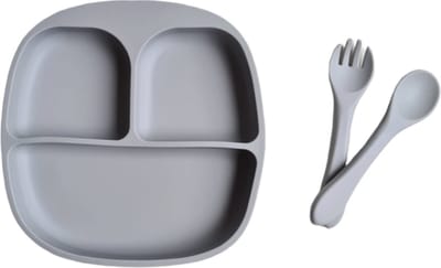 Dinerset - Kinderserviesset - 3 delig kinderserviesset - Siliconen - diner - Bestek - Kinderbestek - kinderservies - kraamcadeau - baby - kind - servies - babyservies - eten - drinken - dinerset - diner - kraampakket - Grijs