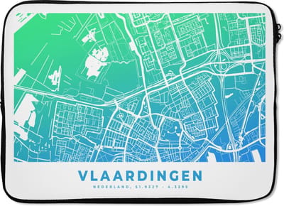 Laptophoes 14 inch - Stadskaart - Vlaardingen - Blauw - Groen - Laptop sleeve - Binnenmaat 33x23 cm - Zwarte achterkant