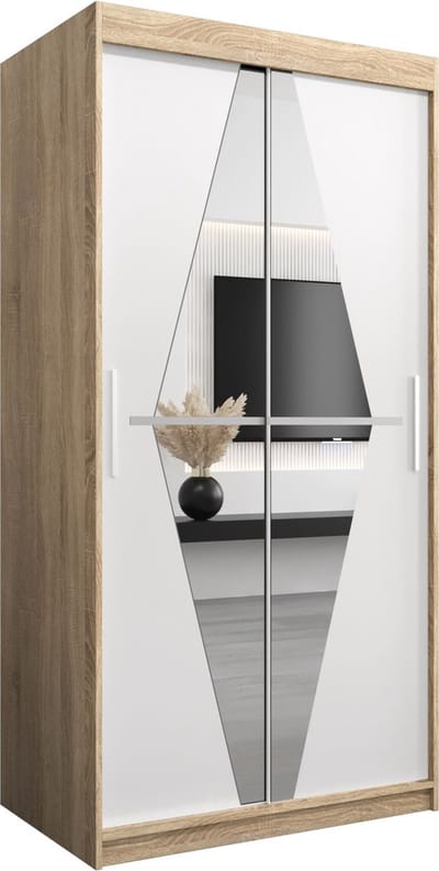 InspireMe - Kledingkast met 2 schuifdeuren, Modern-stijl, Een kledingkast met planken en een spiegel (BxHxD): 100x200x62 - BOLA 100 Sonoma Eik + Wit Mat