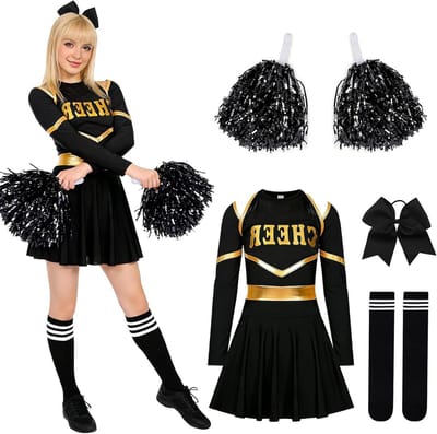 Dames cheerleaderkostuum met pompons en haarband voor carnaval en themafeesten, perfect als fancy dress-uniform en kostuum voor volwassenen