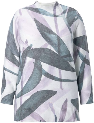 Ulla Popken - Dames - Trui bladeren pailletten opstaande kraag lange mouwen - Off-white - Maat 42+