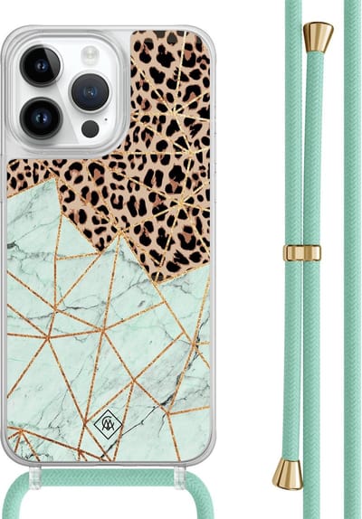 Casimoda® hoesje met mintgroen koord - Geschikt voor iPhone 13 Pro Max - Luipaard Marmer Mint - Afneembaar koord - TPU/polycarbonaat - Mint