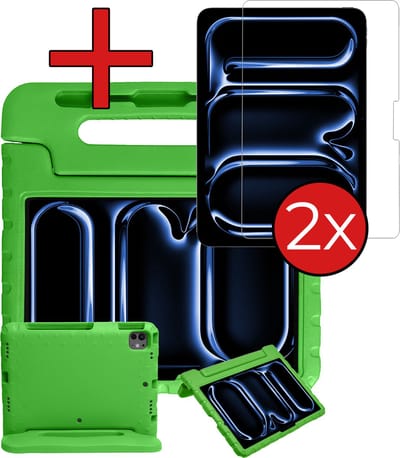 Hoesje - Geschikt voor Apple iPad Pro (2024/2025) - 11 inch - Met 2x Screenprotector - Kinderhoes - Shockproof Bumper - Kidsproof Case - Tablethoes - Kinder Hoes Cover - Groen