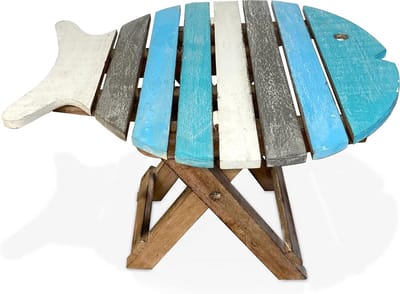 Houten bijzettafel - Klaptafel visvorm - Decoratief meubelstuk - Opvouwbaar ontwerp - 40x30x32 cm - Blauw wit