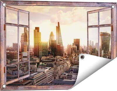 Gards Tuinposter Doorkijk Londen bij Zonsondergang in een Moderne Wijk - 60x40 cm - Tuindoek - Tuindecoratie - Wanddecoratie buiten - Tuinschilderij