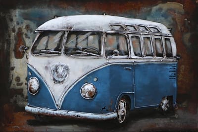 3D Metaalschilderij - Blauwe Volkswagen bus T1 Samba - handgeschilderd - 60 x 40 cm