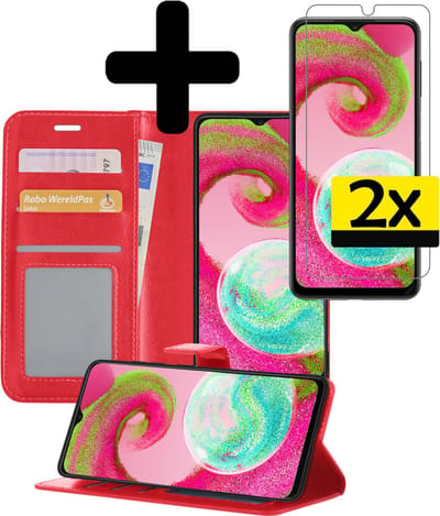 Hoesje - Met 2x Screenprotector - Geschikt voor Samsung Galaxy A04s - Luxe Pasjeshouder - Bookcase Portemonee - Flip Case - Kunstleer Book Case - Flipcase Hoes - Book Cover - Walletcase - Portemonneehoes - Telefoonhoesjes - Rood