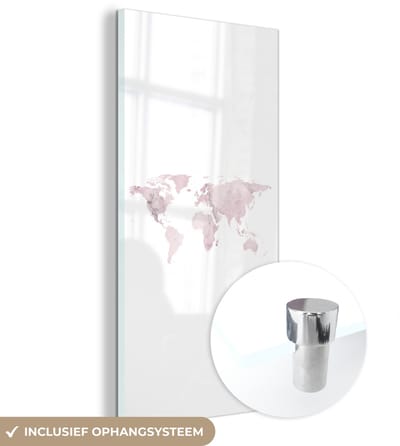 ® Glasschilderij 80x160 cm - Schilderij acrylglas - Wereldkaart - Marmer - Roze - Foto op glas - Muurdecoratie woonkamer - Wanddecoratie slaapkamer - Schilderijen