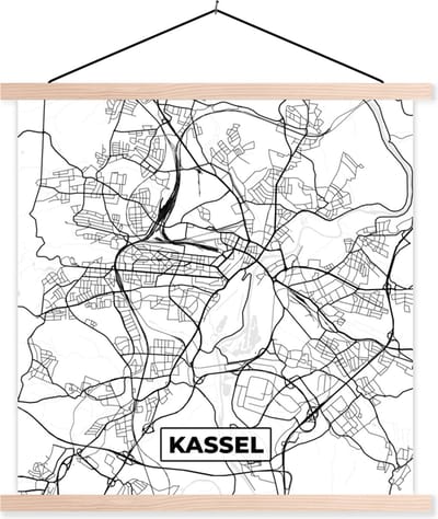 Posterhanger incl. Poster 40x40 cm - Schoolplaat - Kassel - Plattegrond - Kaart - STadskaart - Textielposter - Blanke latten - Stadskaart