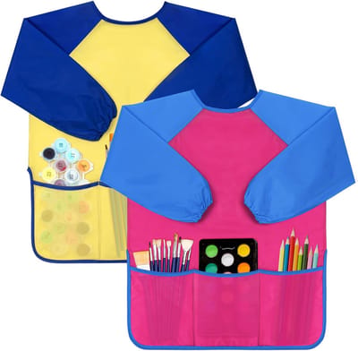 Kinderschort - 2 Stuks - Waterdichte Keukenschort voor Kinderen - 60*44cm - Lange Mouwen - 5-8 Jaar - Verfschort - Knutselset - Met 3 Opbergvakken - Verstelbaar - Blauw/Geel & Blauw/Roze - Wasbaar - BPA-Vrij - Kinderschort