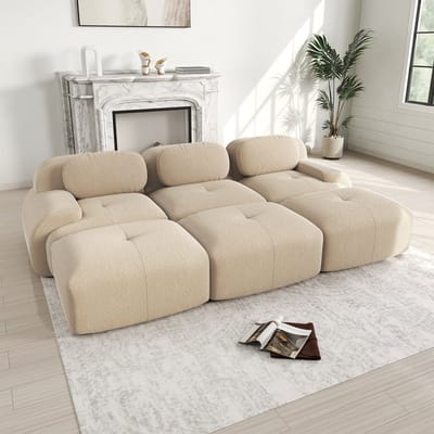 DESMIU Bank Set 298 Cm - Modulaire 3-Zits Hoekbank Met 3 Hockers En 32D Schuim - Voor Woonkamer En Thuisbioscoop - Corduroy Beige