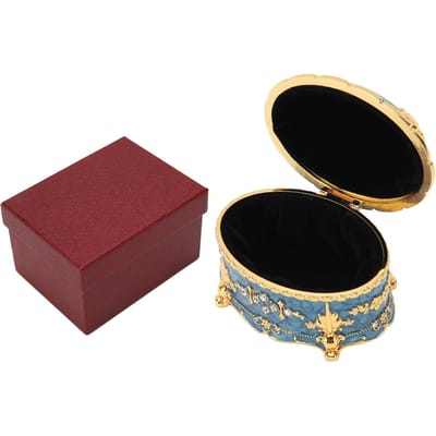 Boîte à Bijoux Ovale Strass Bague Rétro Gravée Organiseur de Stockage Boucles d'Oreilles Collier Boîte Bord Doré Bleu Royal black