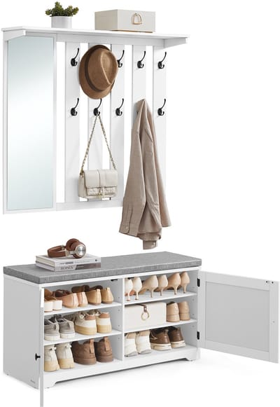 VASAGLE - Schoenenrek - Wandgarderobe Set met Spiegel - Schoenenbank met Verstelbare Planken - 10 Dubbele Haken