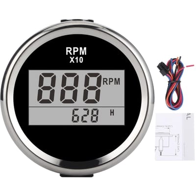 Compte-tours 0‑9990 tr/min Étanche IP67 Rétroéclairage Rouge Affichage LCD 52 mm 2 pouces 9‑32 V Black background silver frame