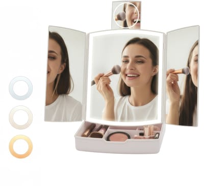 Make-up Spiegel met Verlichting - Opvouwbaar Design - 3 LED Lichtstanden - Make up Organizer - Tafelspiegel - Peach Beauty