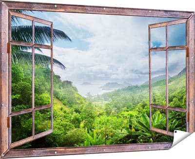 Gards Tuinposter Doorkijk Jungle Uitzicht op de Seychellen - 180x120 cm - Tuindoek - Tuindecoratie - Wanddecoratie buiten - Tuinschilderij