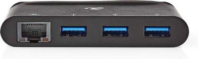 Nedis USB Multi-Port Adapter - USB 3.1 - USB-C Male - RJ45 Female / 3x USB-A - Rond - Vernikkeld - Zwart - Window Box met Euro Lock