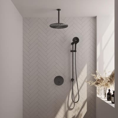 Brauer Gunmetal Edition thermostatische inbouw regendouche 3-weg rond SET 96 met 30 cm douchekop en plafondarm en 3-standen handdouche en doucheslang en geïntegreerde glijstang gunmetal geborsteld PVD