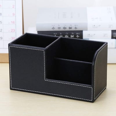 Leren Bureau Organizer Zwart – Pennenhouder met 3 Compartimenten – Multifunctionele Desk Caddy voor Kantoor & Thuis