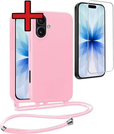 Hoesje Geschikt voor iPhone 17 Hoesje Siliconen Case Met Koord Met Screenprotector - Hoes Geschikt voor iPhone 17 Hoesje Backcover Met Telefoonkoord - Lichtroze