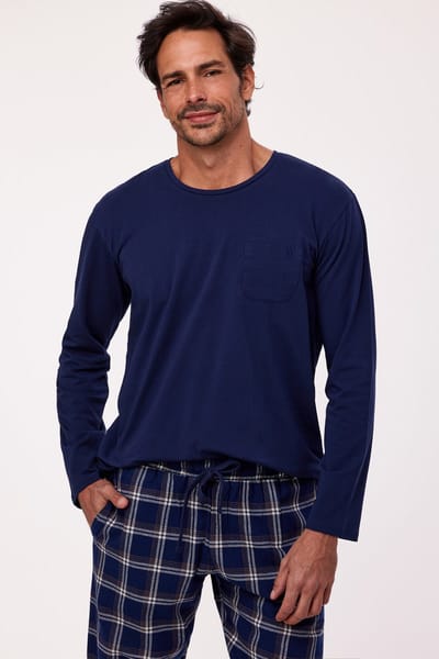 Woody Studio pyjama met flanellen broek jongens/heren - donkerblauw - 232-12-MWB-Z/839 - maat 140