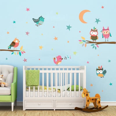 Muurstickers - Uilen en zangvogels van het bos - Zelfklevende stickers - 105x80cm