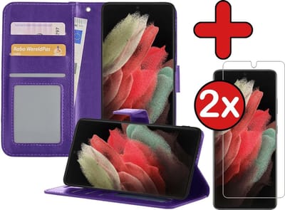 Hoesje - Met 2x Screenprotector - Geschikt voor Samsung Galaxy S21 Ultra - Luxe Pasjeshouder - Flip Case - Bookcase Portemonee - Kunstleer Book Case - Flipcase Hoes - Book Cover - Walletcase - Portemonneehoes - Telefoonhoes - Paars