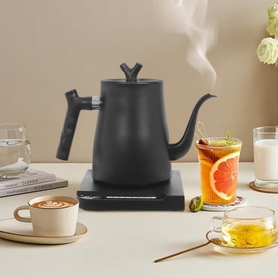1 liter elektrische waterkoker, 1000 W, theekoker, elektrisch, 7 instelbare watertemperatuurniveaus, zwanenhals voor koffie thee brouwen, zwart