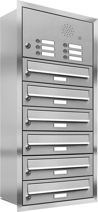 Inbouw met intercom 6 adressen(rand)_Brievenbus met intercompaneel inbouw_6_adressen__RVS