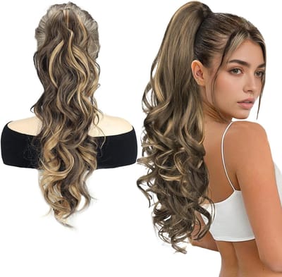 Lang Haarstuk voor Vrouwen met Clips - Krullend Golvend Paardenstaart in Ombre Lichtbruin Blond, Perfect voor Feestjes en Dagelijks Gebruik