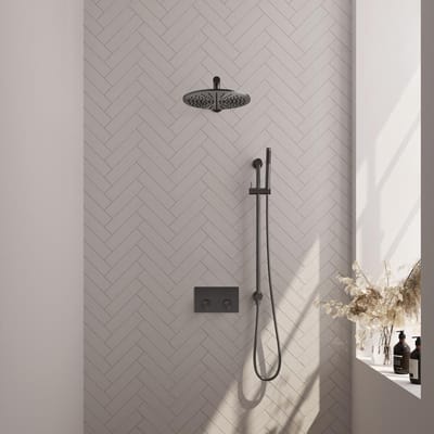 Brauer Gunmetal Carving Thermostatische Regendoucheset Inbouw - Hoofddouche 30 cm - Rechte Wandarm - Met Drukknoppen - Handdouche Staaf - Doucheslang - Geintegreerde Glijstang - Gunmetal