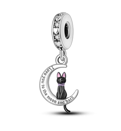 Fler® | Bedel | Past op populaire bedel armbanden (standaard-3mm) | armbandbedel | Bedel zwarte kat op maan | Huisdier | “I Love you to the moon and back” | Bedel Charm | 925 Sterling Zilver | zwart, roze, paars | Zirkonia | Cadeau | Valentijn kado