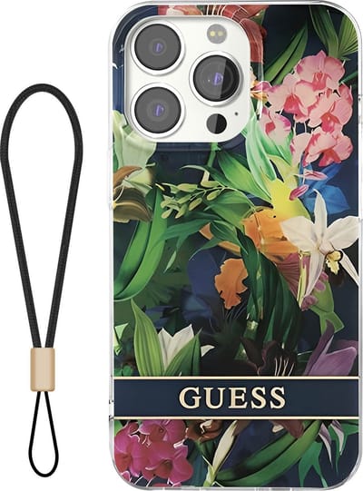 GUESS, Hoesje geschikt voor Apple iPhone 13 Pro - Flowers met Nylon Koord, Groen