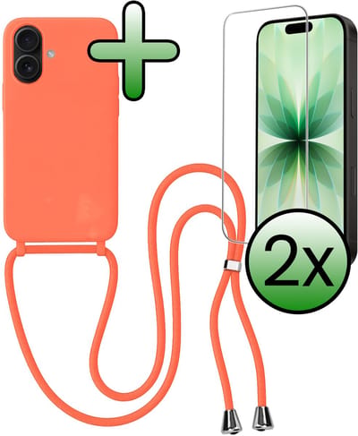Hoes Geschikt voor iPhone 17 Hoesje Met Koord Met 2x Screenprotector - Telefoonhoesje Geschikt voor iPhone 17 Backcover Met Afneembaar Koord - Papaya