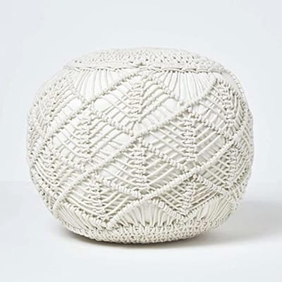 Natuurlijke macramé poef 40 cm hoog - Gehaakte voetenbank van 100% katoen