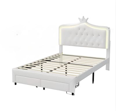 Kinderbed voor meisjes - 140x200cm - Gestoffeerd bed met 2 lades - LED-verlichting en rugleuning - Lattenbodem - Twijfelaar
