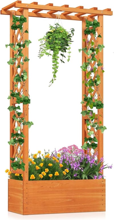 COSTWAY Verhoogde plantenbak met klimrooster en hangend dak, met klimhulp, voor klimplanten en hangende manden, voor binnenplaats, tuin, terras, plantenbak van hout, oranje, 66 x 32 x 152 cm