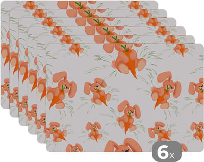 Placemat - Placemats kunststof - Konijnen - Groente - Patronen - 45x30 cm - 6 stuks - Hittebestendig - Anti-Slip - Onderlegger - Afneembaar