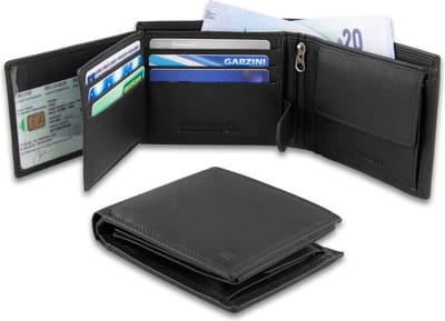 Garzini heren portemonnee leder, portefeuille RFID, tijdloos billfold model muntvak, briefgeldvak, 15 pasjes, Zwart